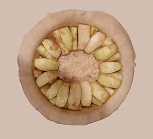 Pie plate with bottom crust showing arrangement of apple slices.